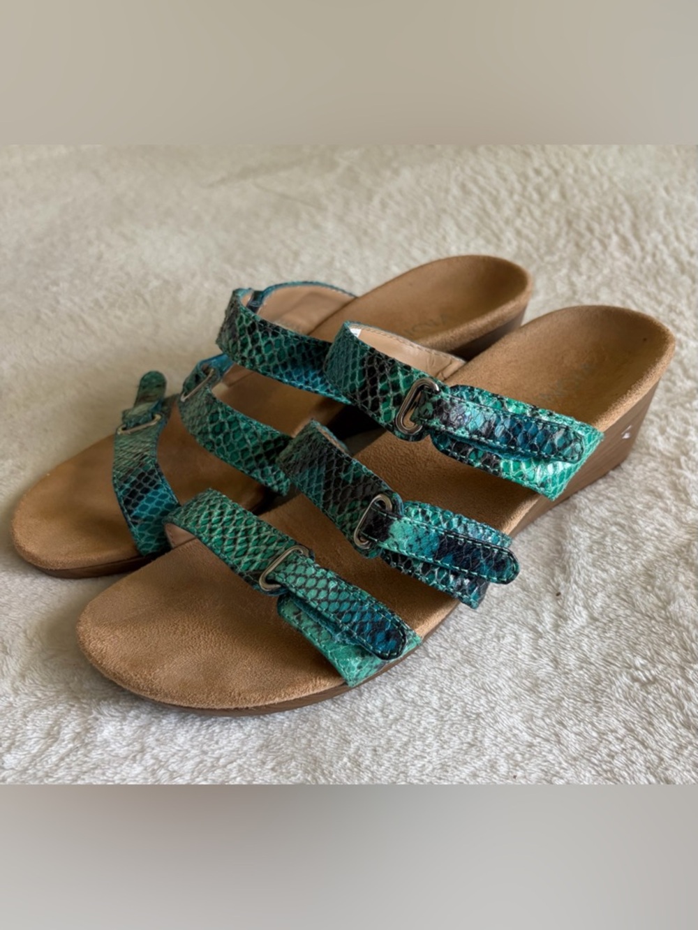 Vionic Teal Snake-Print Strappy Slide Sandals - Picture 2 of 7